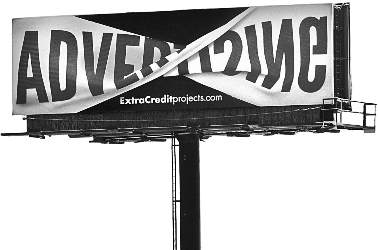 Out of Home Billboard with the word Advertising and the board twisted around on itself