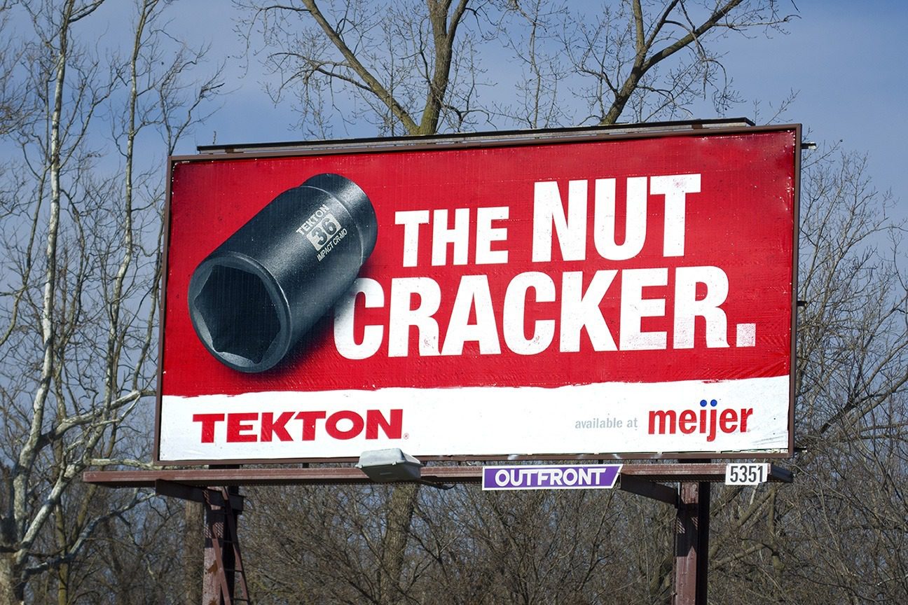 Billboard designed for Tekton featuring an image of a socket and the headline, “The nut cracker.”