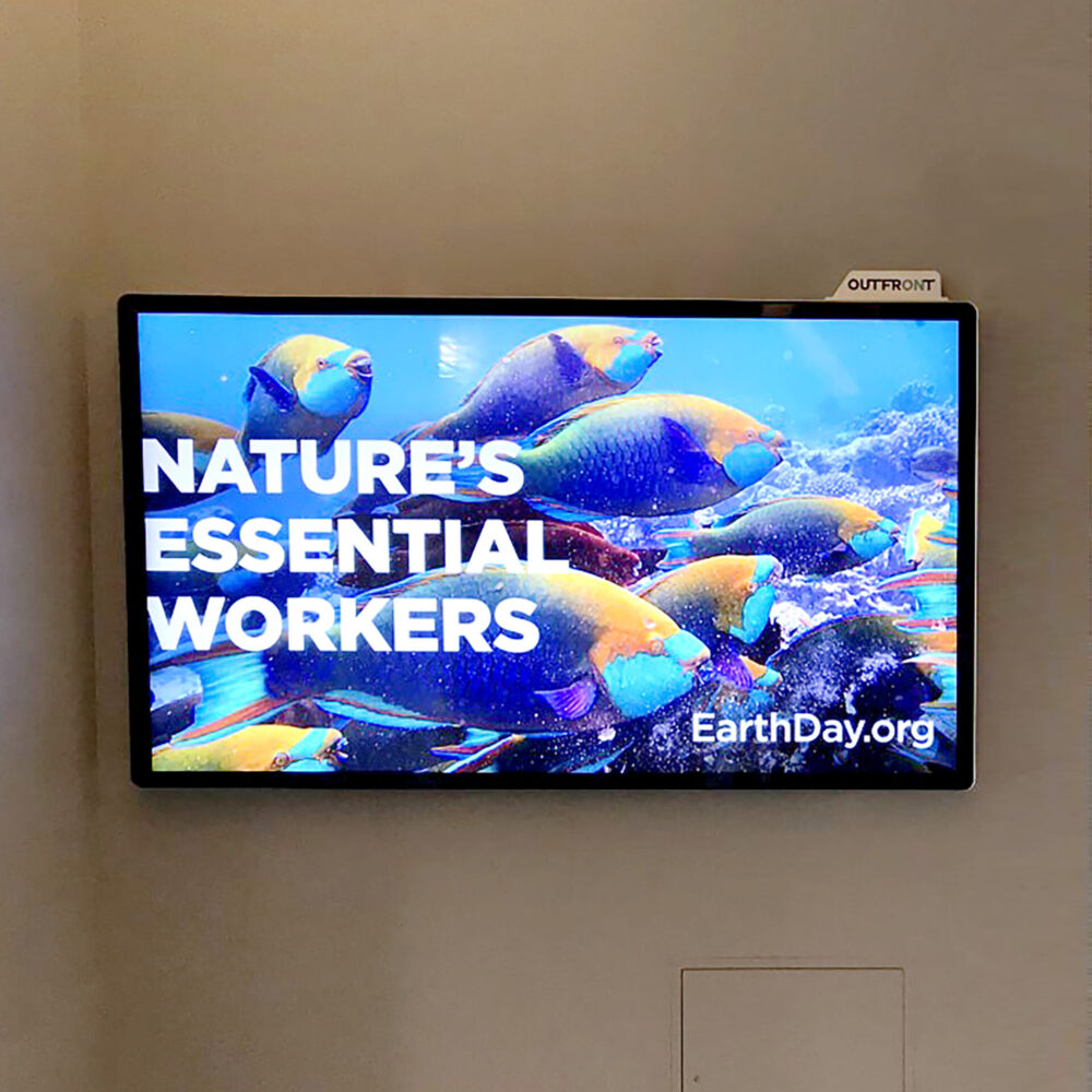 Television screen advertisement with fish and headline "Nature's Essential Workers"