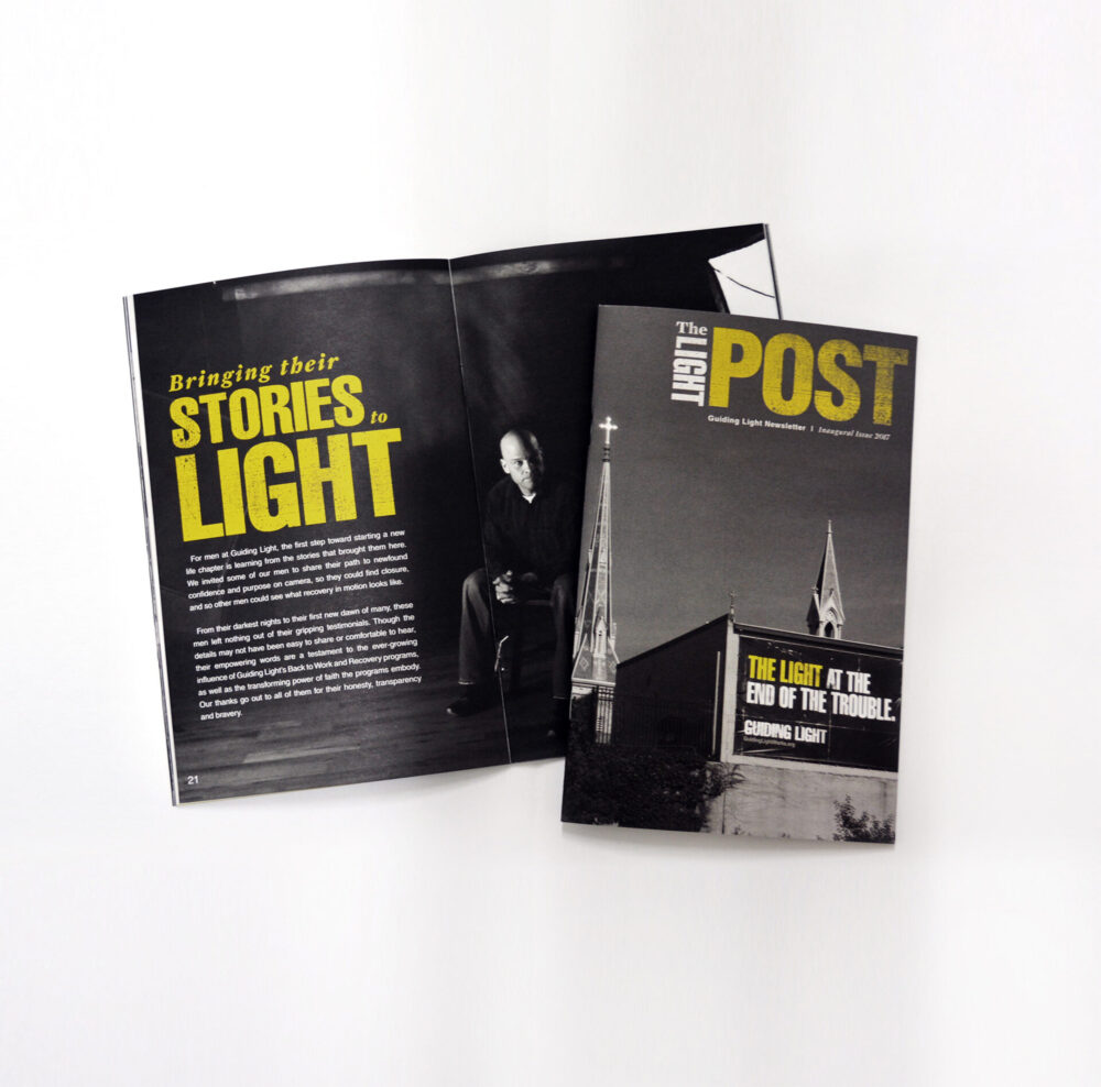 Cover and spread design for The Light Post newsletter