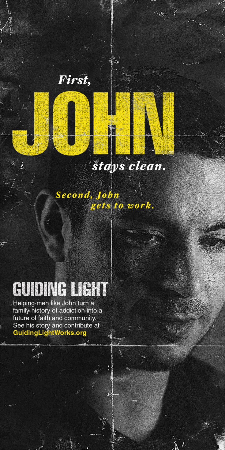 Out of home mall kiosk advertisement with closeup black and white photo of a man and the headline "First, John stays clean. Second, John gets to work."