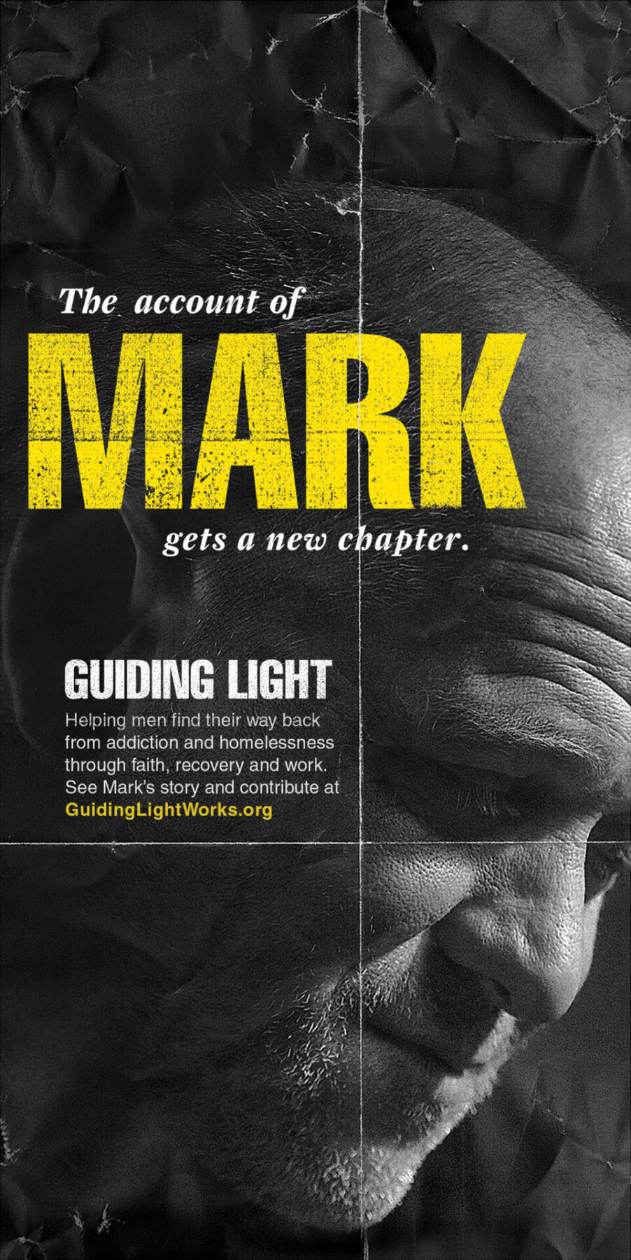Out of home mall kiosk advertisement with closeup black and white photo of a man and the headline "The account of Mark gets a new chapter."