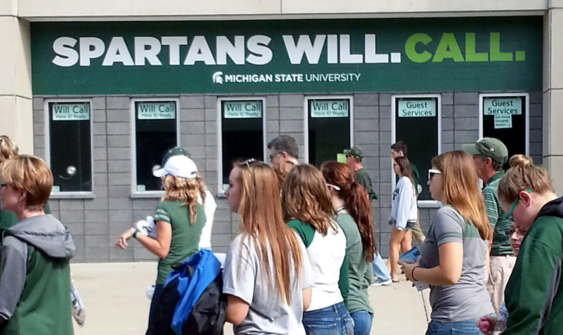 Banner at the Spartan Stadium Will Call office saying "Spartans will. Call."