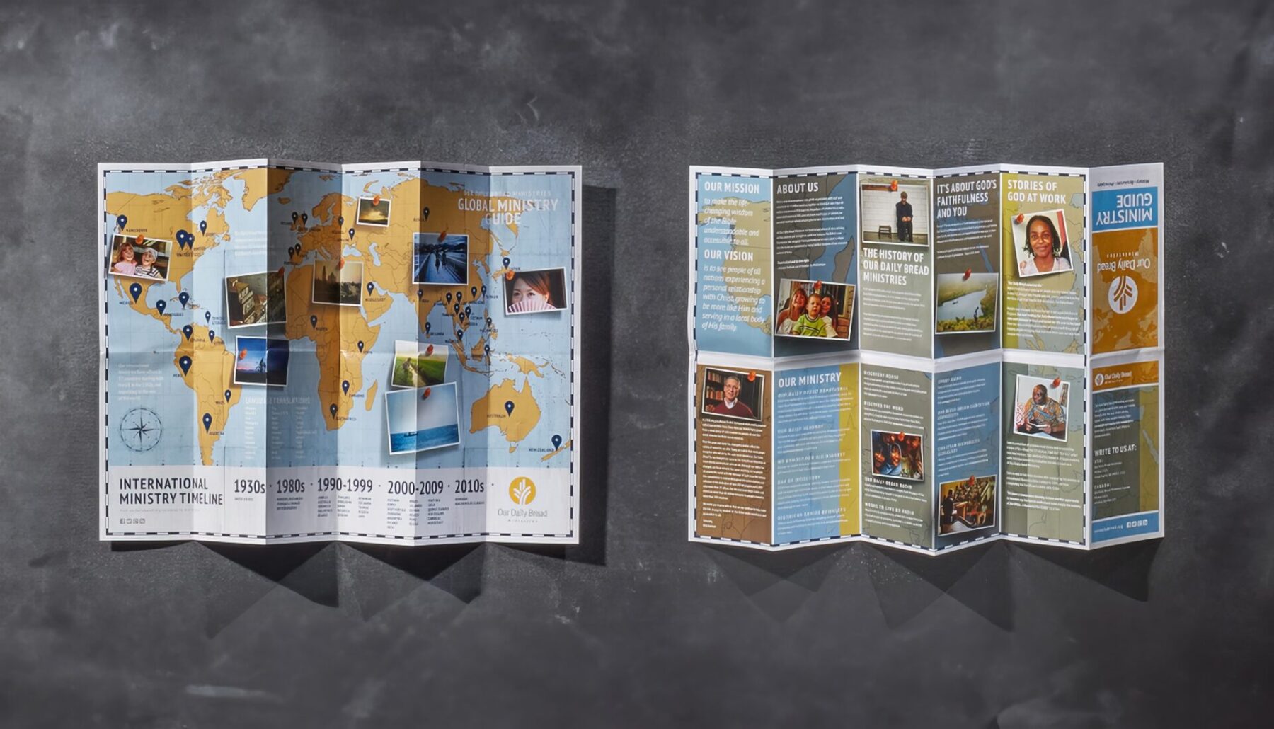 Fold out pamphlet. The front folds out to an image of a map with pinned photos. The back is split into sections with ministry information.