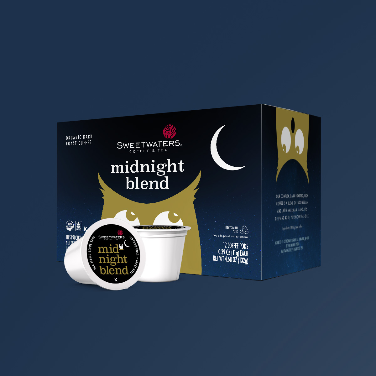 Coffee pods and package designed for Sweetwaters Coffee & Tea featuring an illustration of an owl and the name, “midnight blend.”
