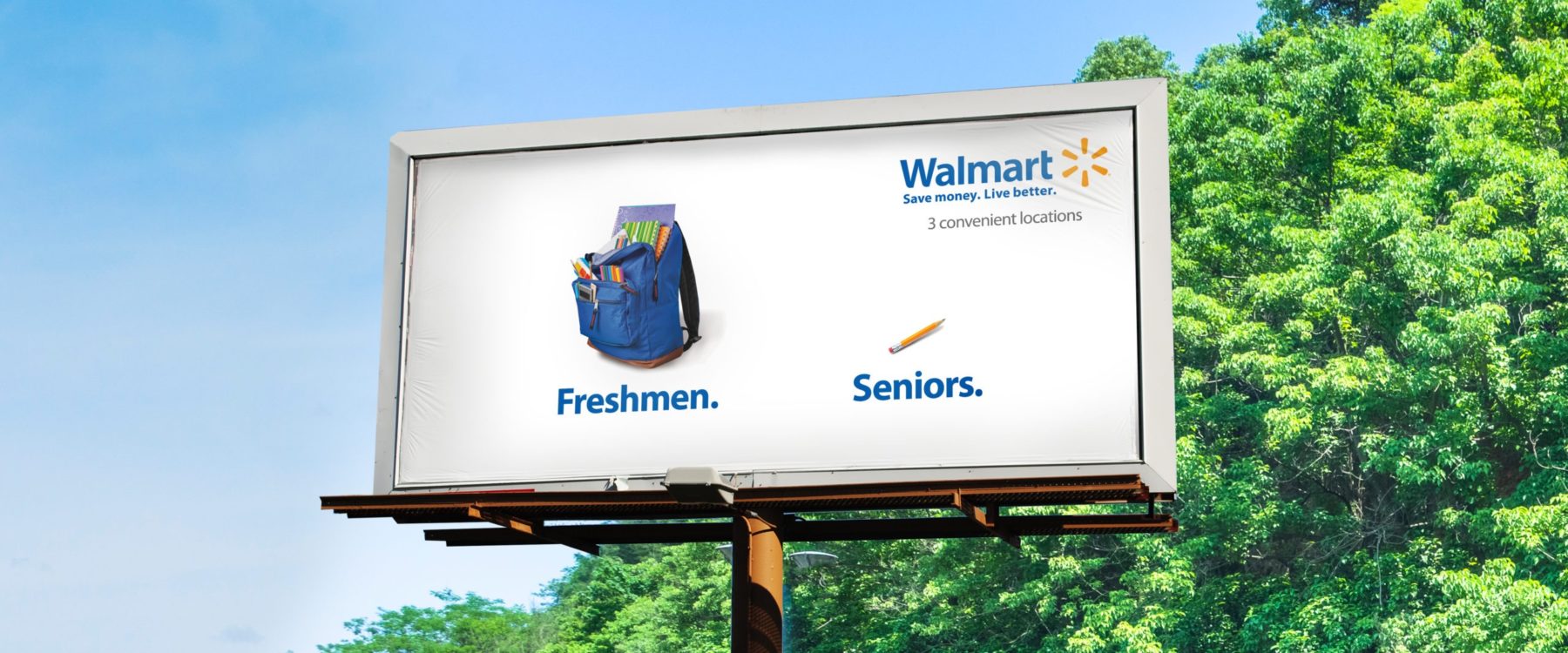 Walmart. Freshmen showing backpack full of supplies. Seniors showing just a pencil. 