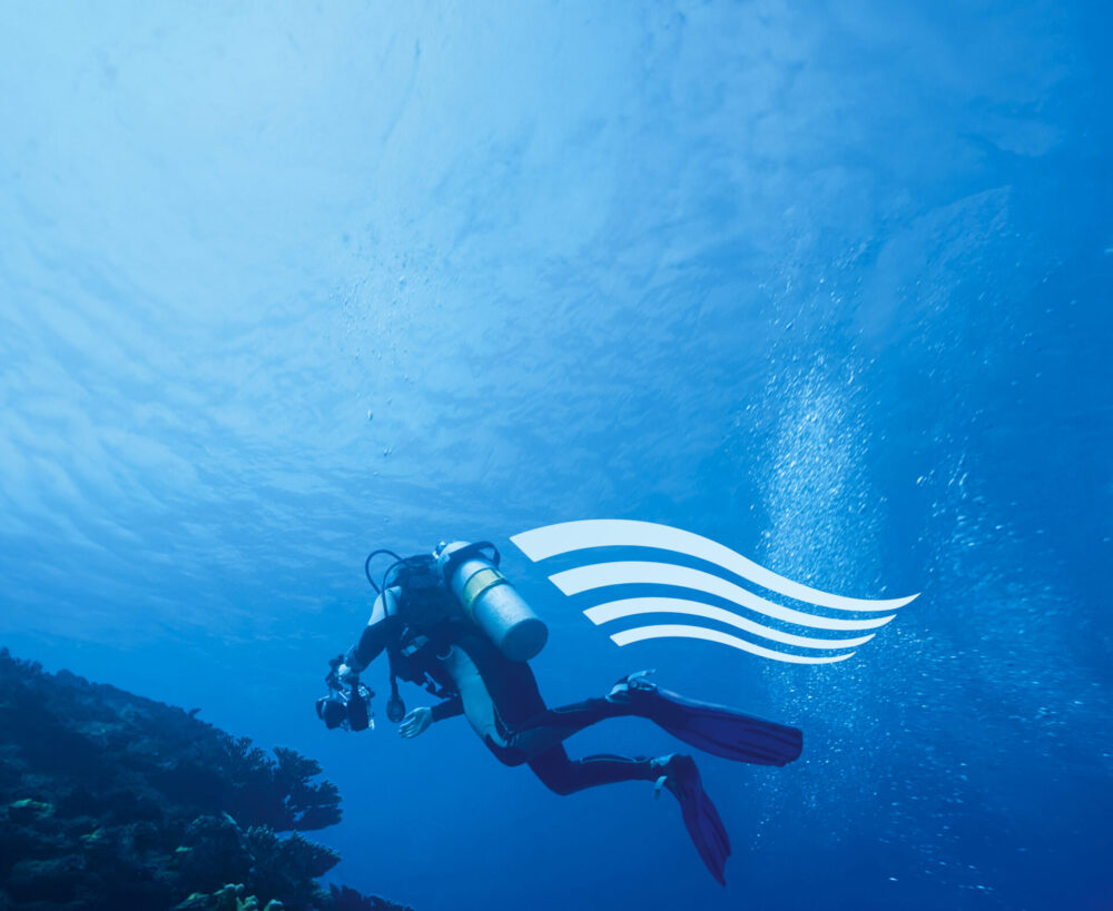 Crop of print ad with scuba diver, coral and the airport icon used as motion lines.
