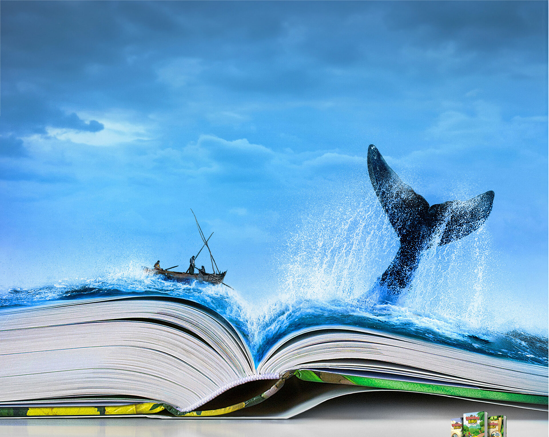 Adventure bible promotional image showing a whale's tail and a boat extending beyond the pages of the Bible.