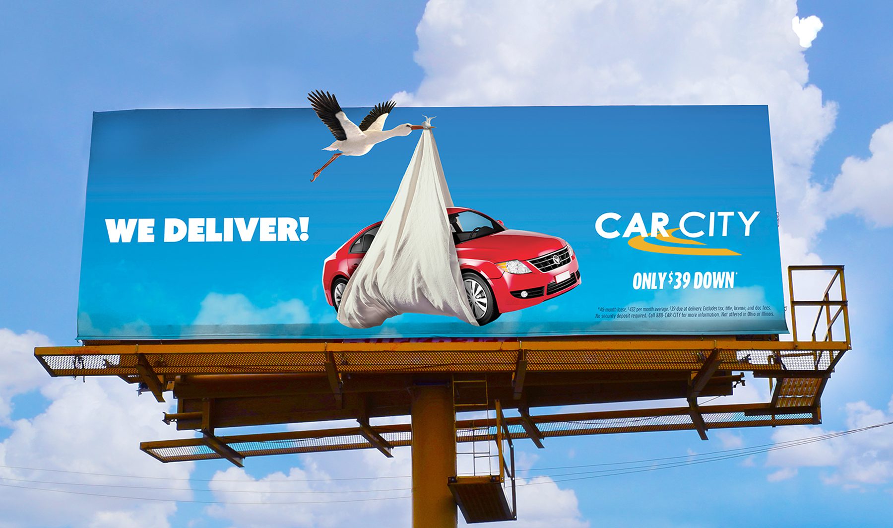 Car City. We Deliver. Stork delivering a red car.