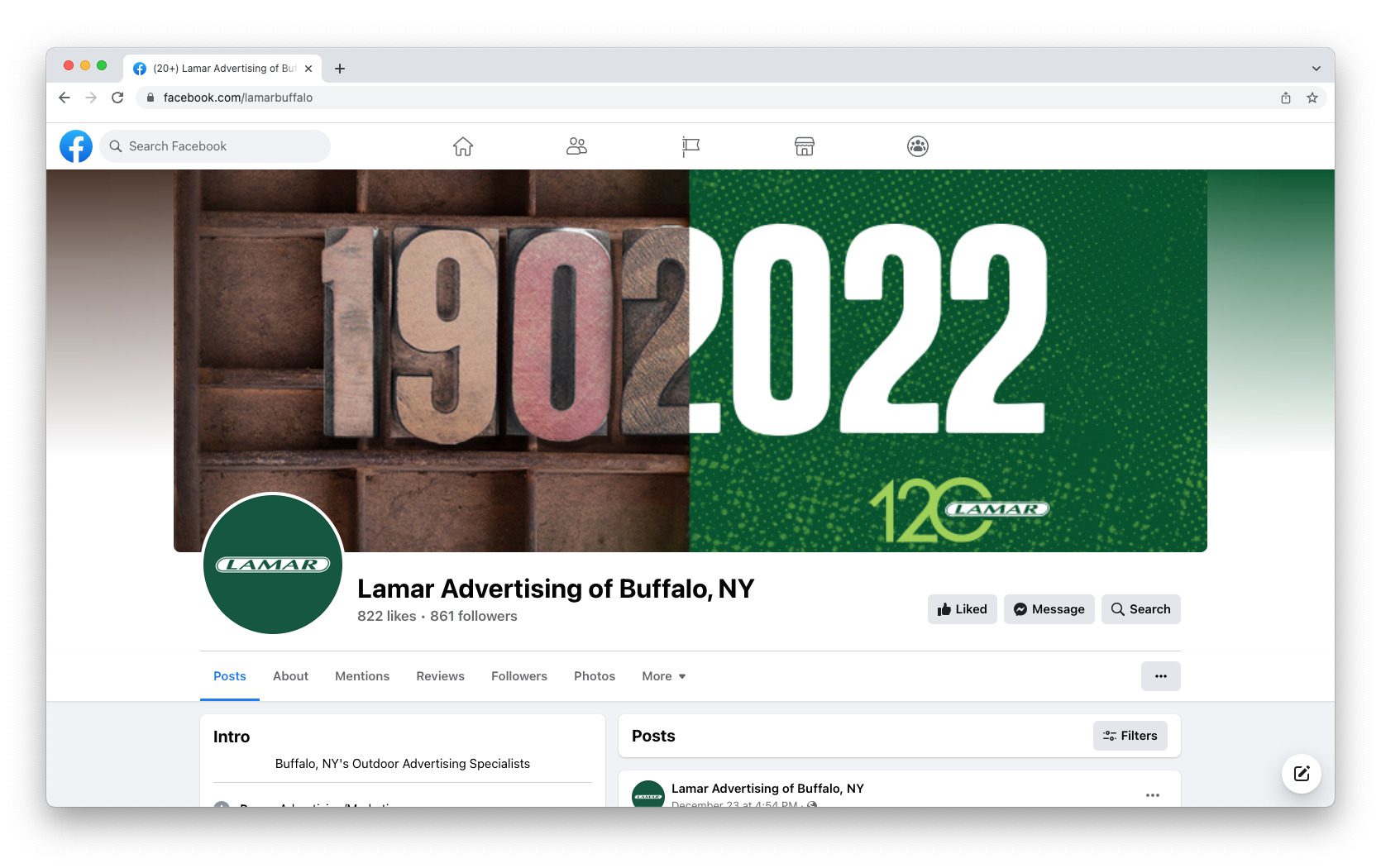 Facebook cover photo with split design showing 1902 and 2022.