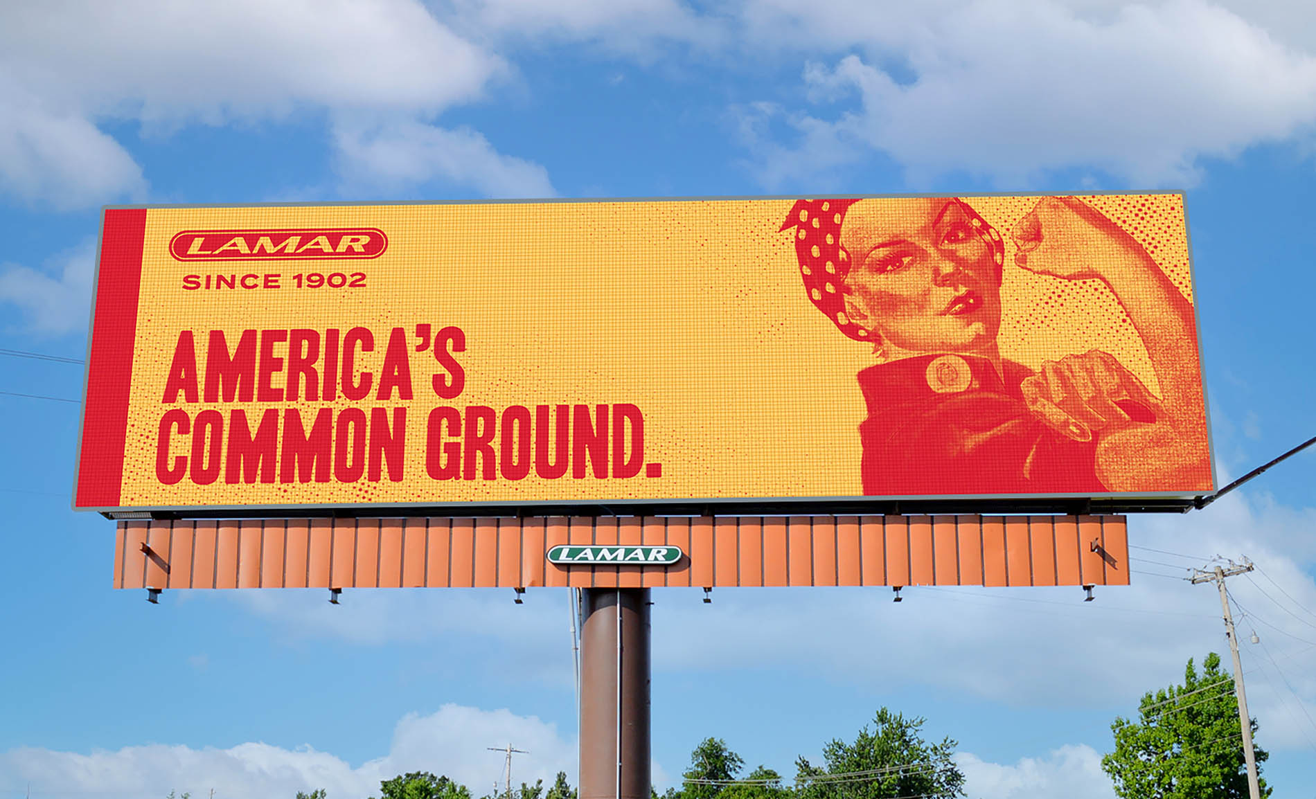 Billboard designed for Lamar featuring an illustration of Rosie the Riveter with the headline, “America’s Common Ground.”