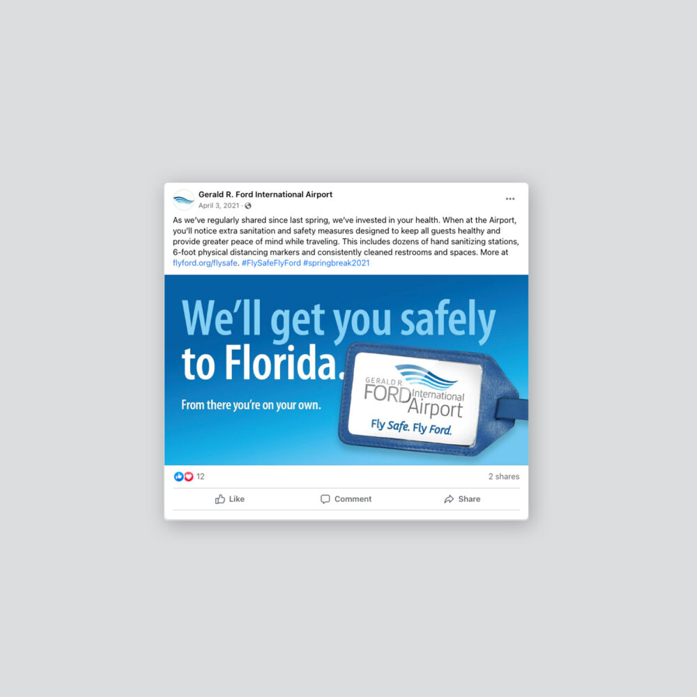 Social media post image with luggage tag and headline "We'll get you safely to Florida."