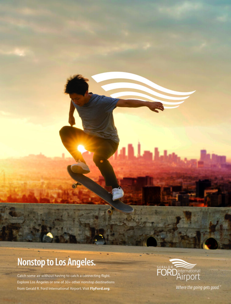 Print ad with "Nonstop to Los Angeles." and skateboarder with the city skyline in the background.