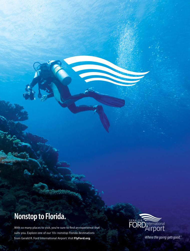 Print ad with "Nonstop to Florida" and image of scuba diver and coral