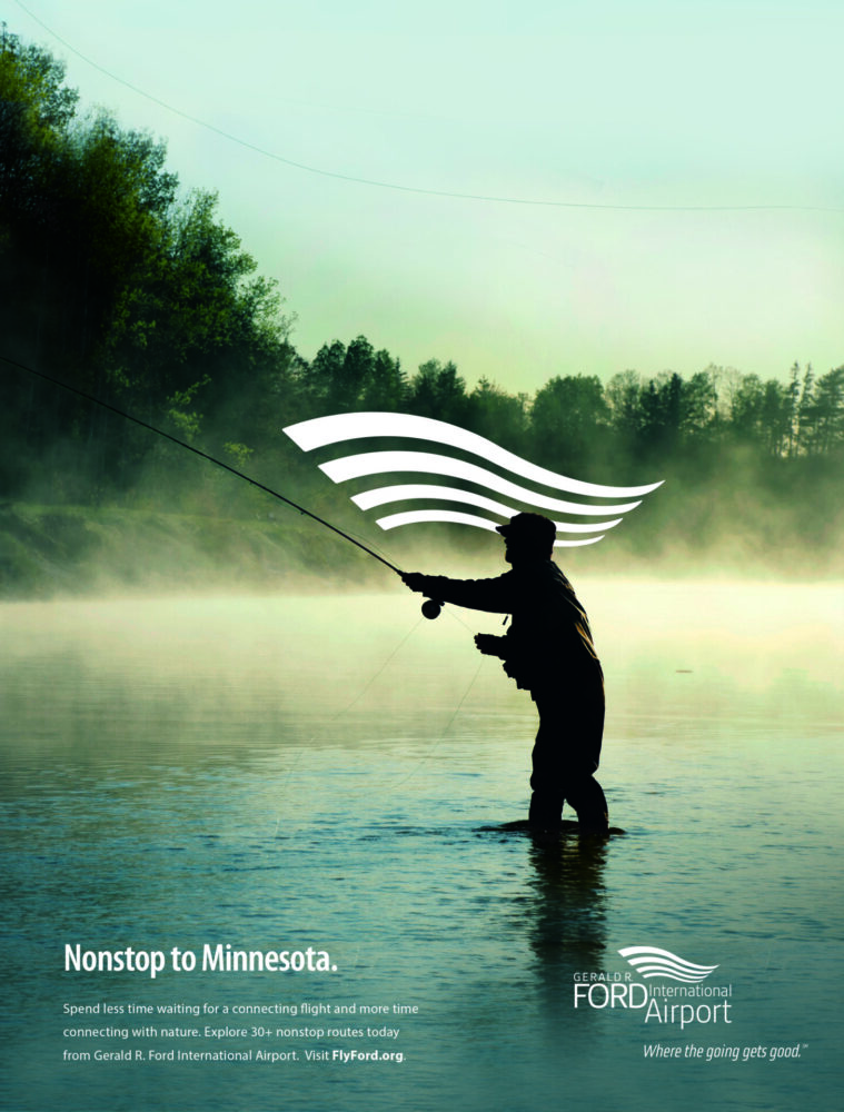 Print ad with "Nonstop to Minnesota" and image of fisherman.
