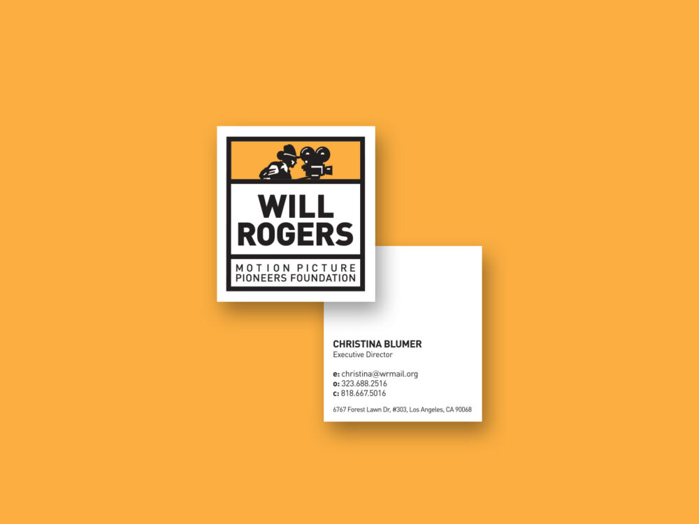 Square business cards with logo on front side and contact info on back