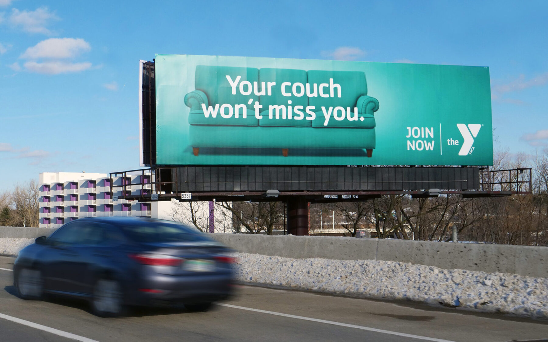 Out of home bulletin design with a couch and the headline "Your couch won't miss you."