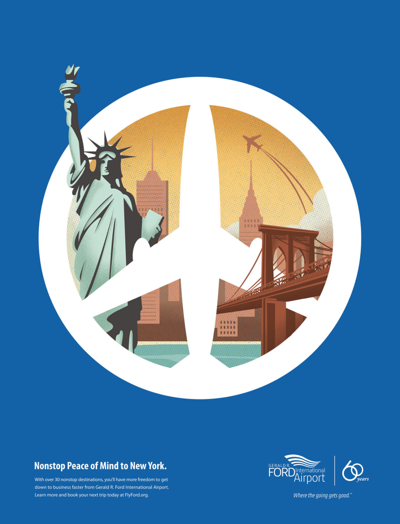 Illustrated poster design including the Statue of Liberty promoting travel to New York from Gerald R. Ford International Airport.