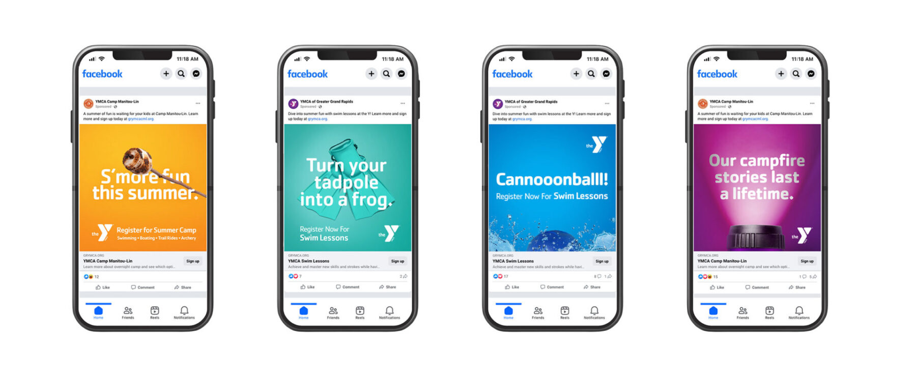 Social media posts. “S’more fun this summer,” “Turn your tadpole into a frog,” “Cannonball,” and “Our campfire stories last a lifetime.”