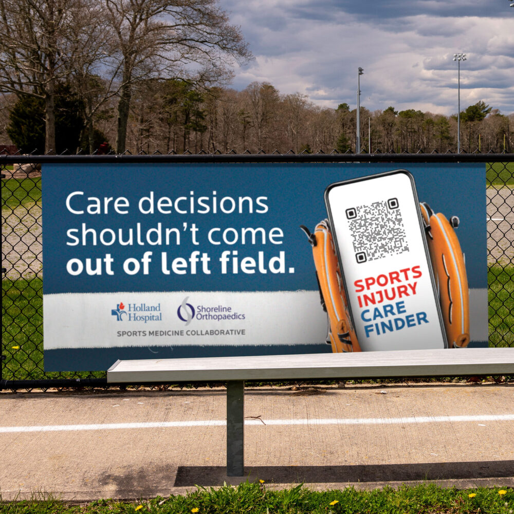 Sports Injury Care Finder out of home advertisement on baseball court fence with headline "Care decisions shouldn't come out of left field."