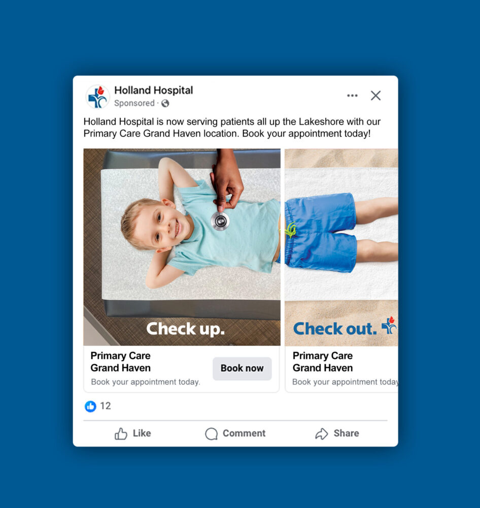 Social media carousel ad with one image of a boy at the doctor and the other of a boy at the beach. "Check up. Check out" headline.