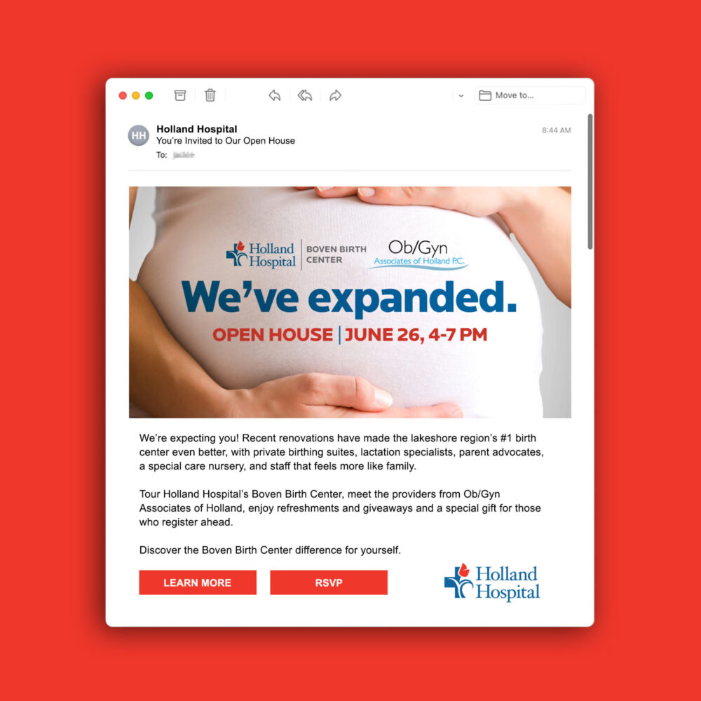 Email marketing with image of pregnant woman's belly and headline "We've expanded." promoting the open house for the OB/GYN expansion