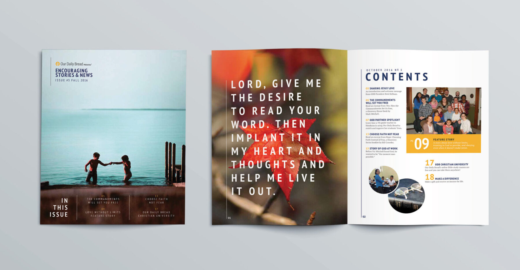 "In this issue" publication design cover and internal spread