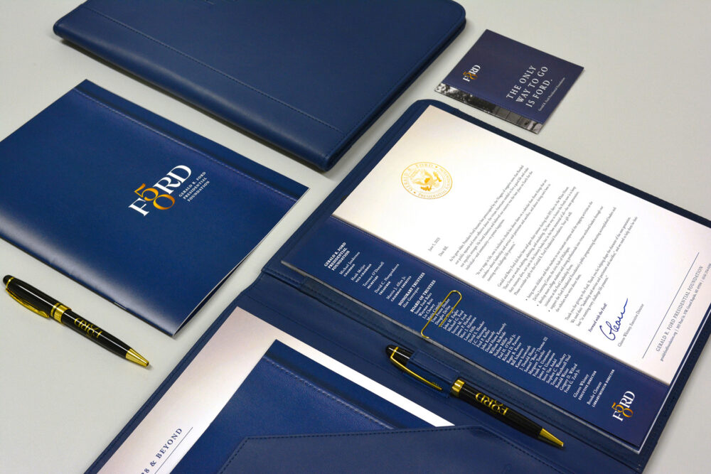 Booklet and other stationary items designed for the Gerald R. Ford Foundation's 50th Anniversary.