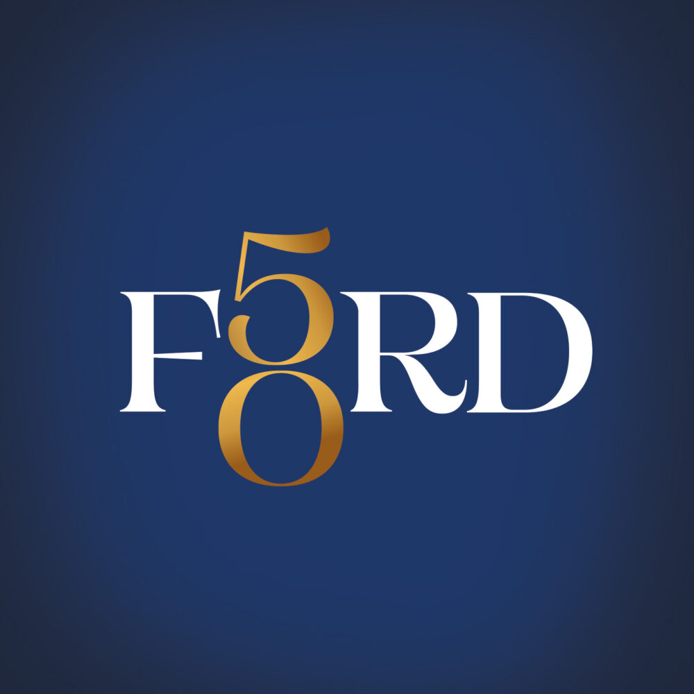 Logo designed for the GR Ford 50th Anniversary featuring the word FORD but instead of the O there is a gold 50 vertically stacked.