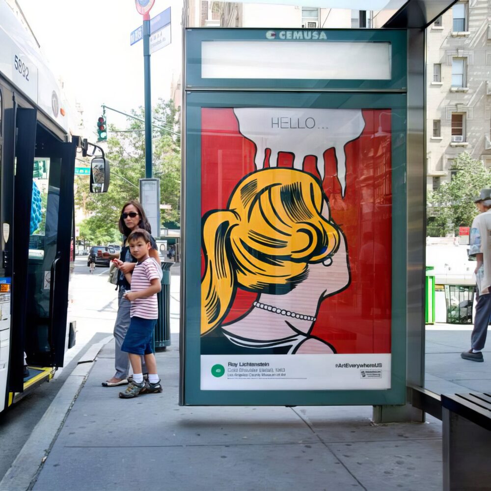 Bus station graphic designed for OAAA featuring Roy Lichtenstein’s Cold Shoulder, 1963 and the line, “#ArtEverywhereUS.”