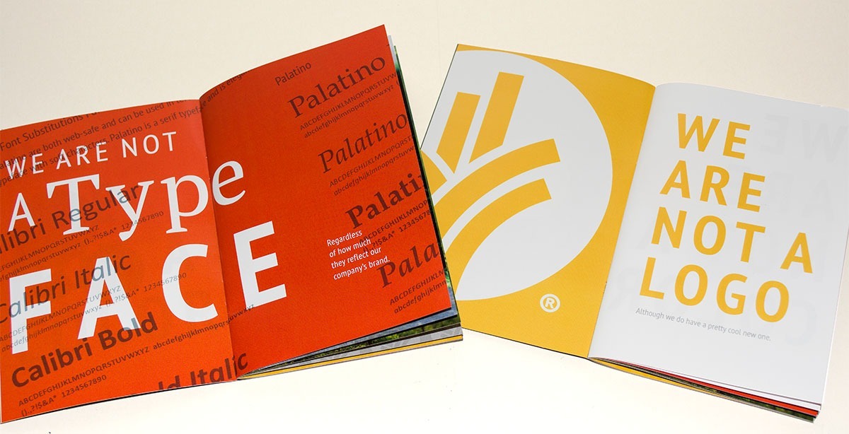 Inside spreads of pages from the brand guide featuring photography examples, typefaces, and the logo.