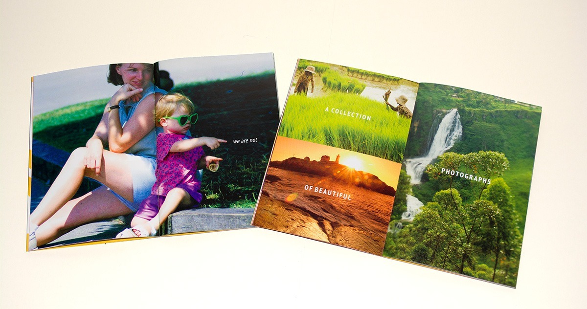 Inside spreads of pages from the brand guide featuring photography examples, typefaces, and the logo.