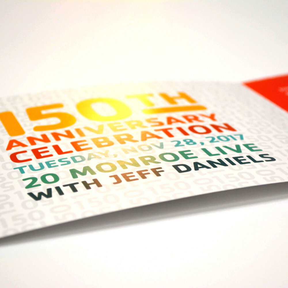 Invite designed for the YMCA featuring bold, multicolored text announcing the 150th anniversary celebration and the date of the event.
