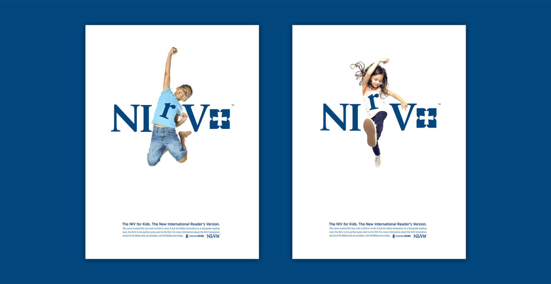 NIrV logo shown on print advertisements with kids jumping and lowercase "r" on their shirts