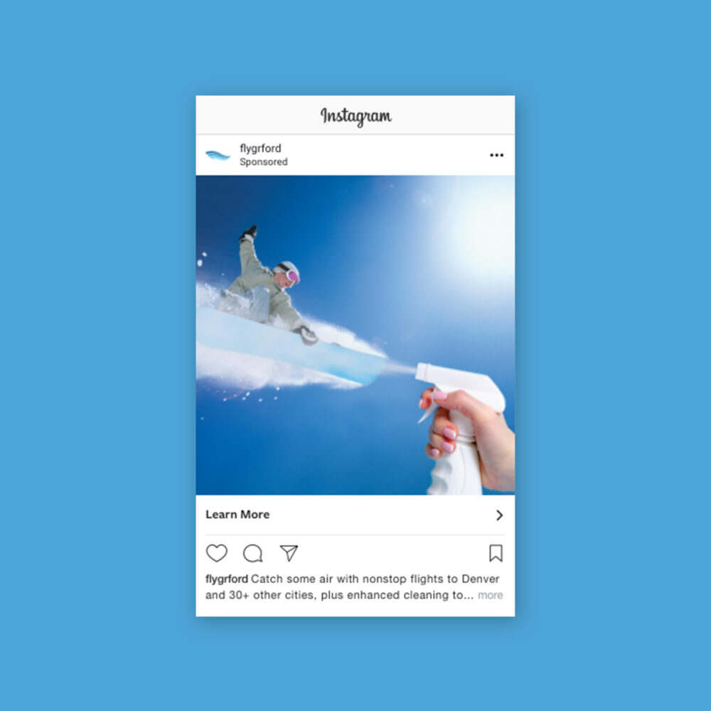 Instagram advertisement showing image of snowboarder riding the spray coming out of a bottle of cleaner.