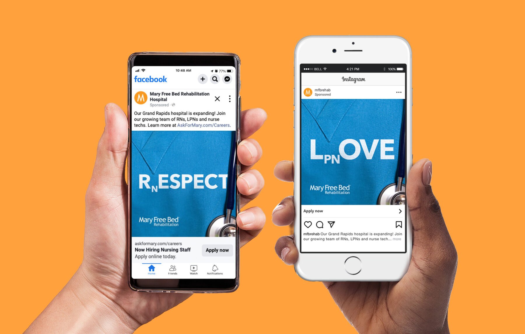 Hiring campaign's social media advertisements mocked onto cell phones with headlines "RnESPECT" and "LpnOVE"