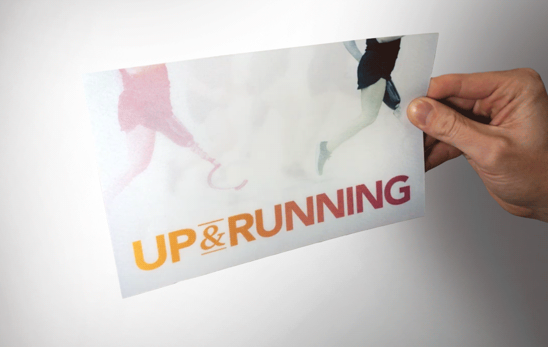 Postcard design with lenticular front showing an individual with a prosthetic leg running and the headline "Up & Running" 