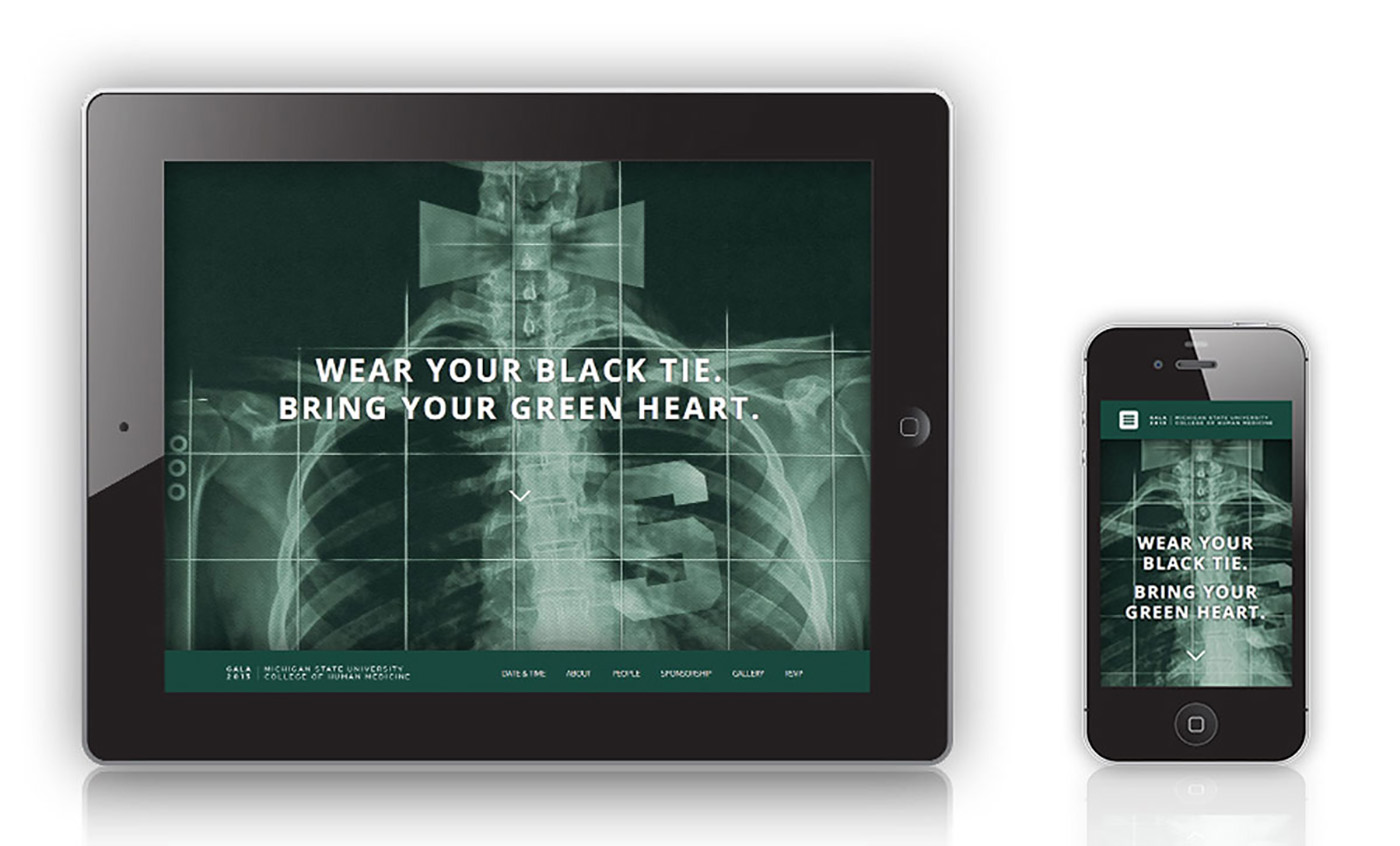 MSU College of Human Medicine Gala website with x-ray image and headline "Wear your black tie. Bring your green heart." Shown mocked on a tablet and mobile phone.