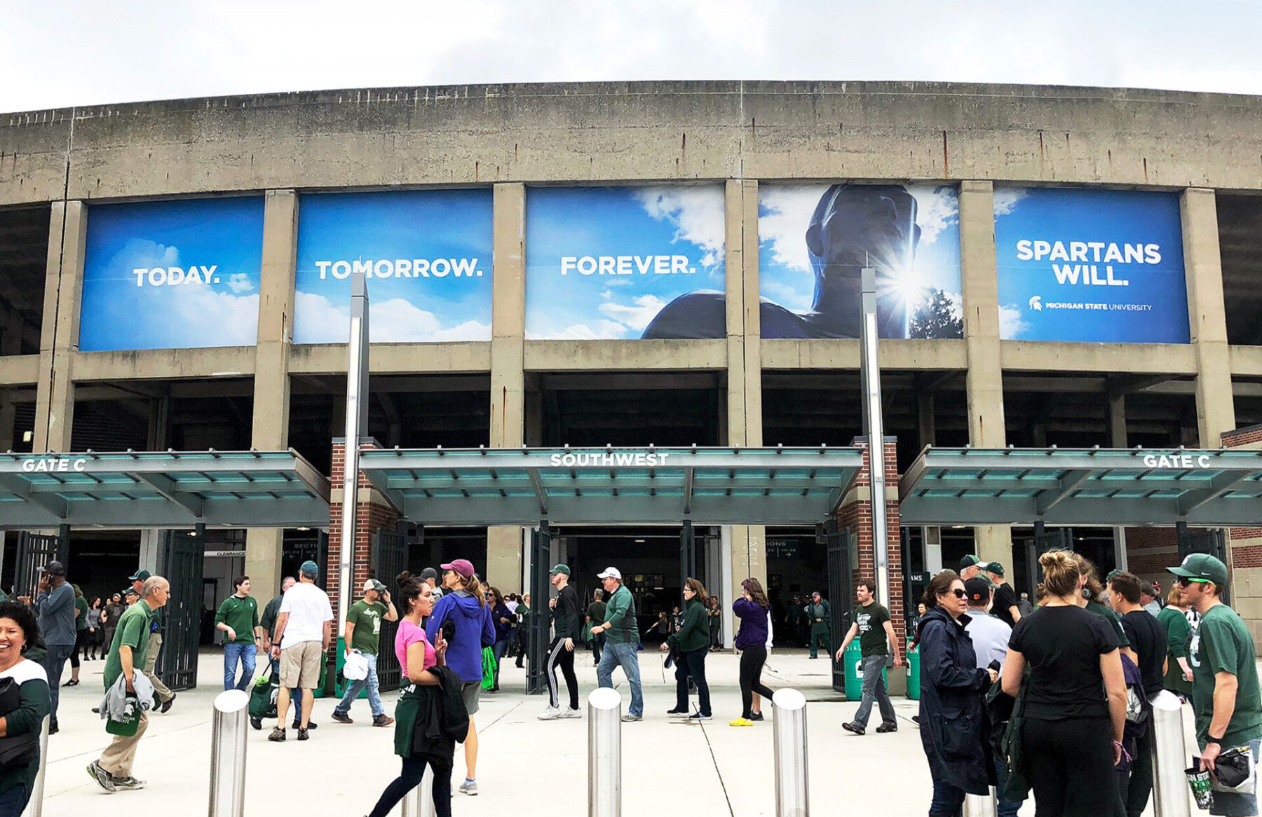 Spartan Stadium banners with headllne "Today. Tomorrow. Forever. Spartans Will."