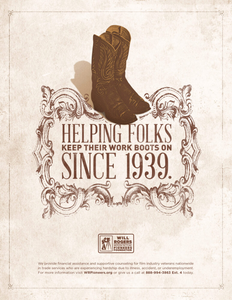 Print ad with distressed background, image of boots, and headline "Helping folks keep their work boots on since 1939."