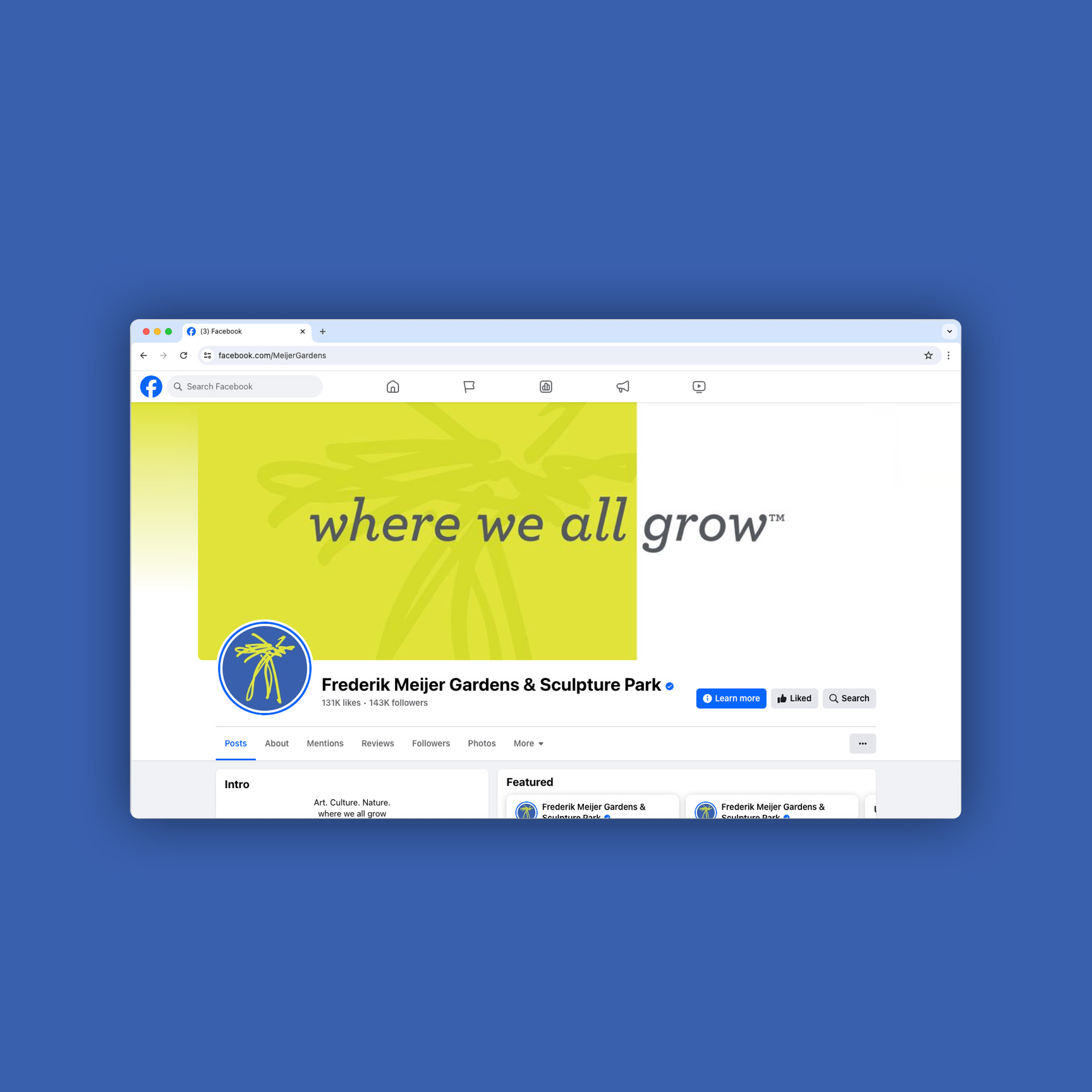 Facebook profile page featuring a hero image of the monochromatic green scribble with the headline, “where we all grow.”