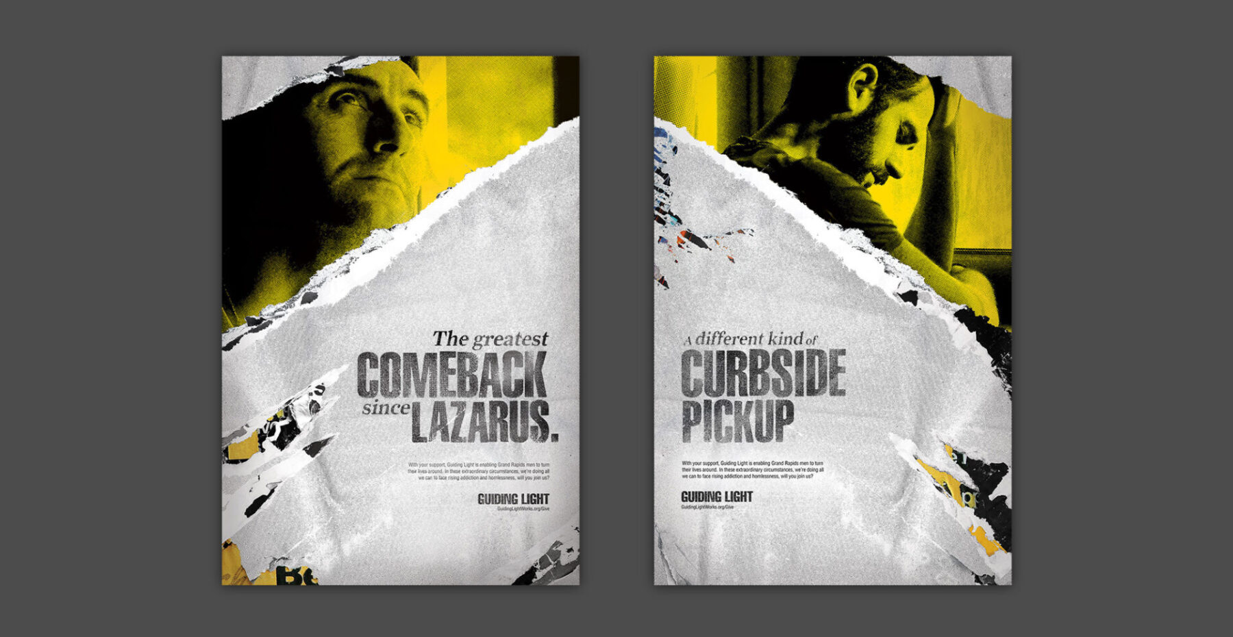 Posters featuring a ripped up paper with a yellow image of a man. “The greatest comeback since Lazarus,” and “A different kind of curbside pickup.”