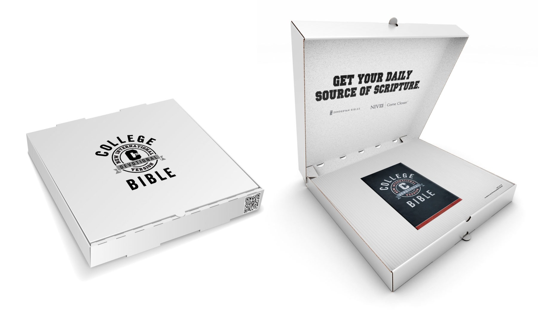 Pizza box design for Zondervan with the College Bible logo. There is a bible inside with the headline, “Get your daily source of scripture.”