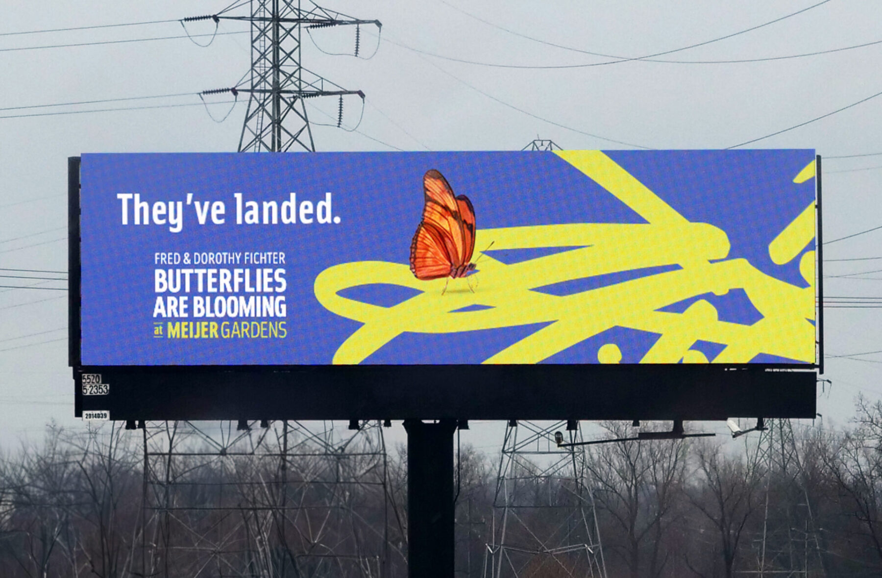 Fred & Dorothy Fichter Butterflies are Blooming at Meijer Gardens digital out of home with photograph of a butterfly landing on a vector logo.