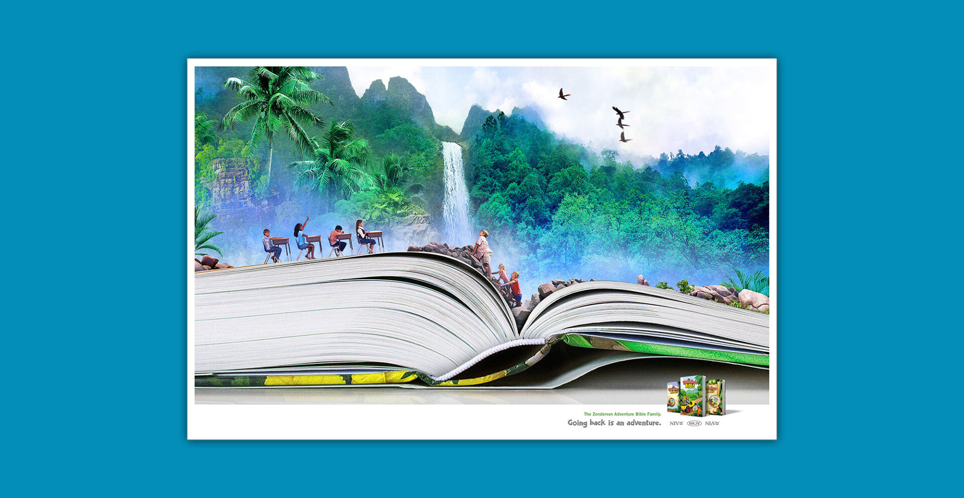 Print spread advertisement for Zondervan Adventure Bible Family